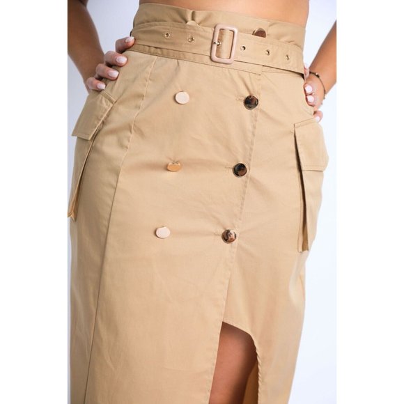 Women Asymmetric Self Belted Pockets Detailed Maxi Skirt Formal Casual Khaki - Picture 10 of 10